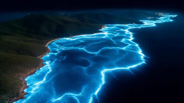 Aerial View of a Glowing Blue River Winding Through a Forested Landscape at Night