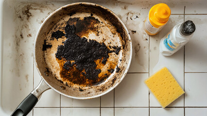 Burnt Pan in Sink, Hard-to-clean cookware campaigns, e-commerce for heavy-duty cleaners,  Before/after cleaning visuals, household product promotions, Kitchen lifestyle branding, cleaning tutorials