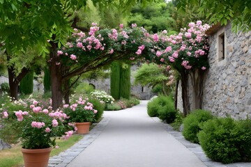 Pink climbing roses forming arch over garden path