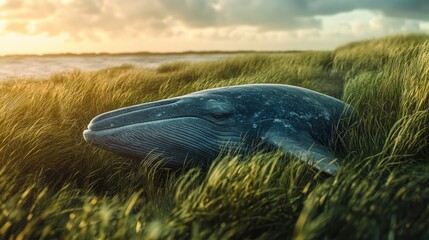Whale Stranded Beach Sunset Grass.