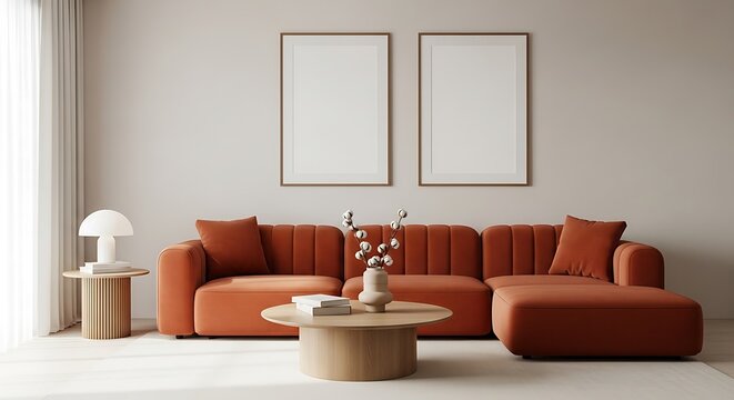 Modern Burnt Orange Sectional Sofa in Minimalist Living Room with Mockup Frames and Wooden Coffee Table