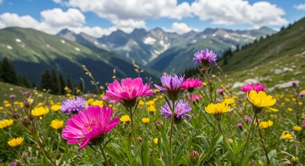 Obraz premium Vibrant wildflowers bloom amidst a mountain valley