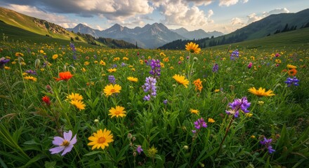 Fototapeta premium Vibrant wildflowers blanket a mountain meadow