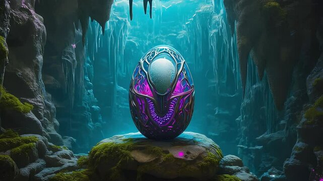 Deep within a bioluminescent cave, an alien egg with iridescent veins twitches gently. A thin membrane exposes vague shapes inside, resting on a glowing mossy stone