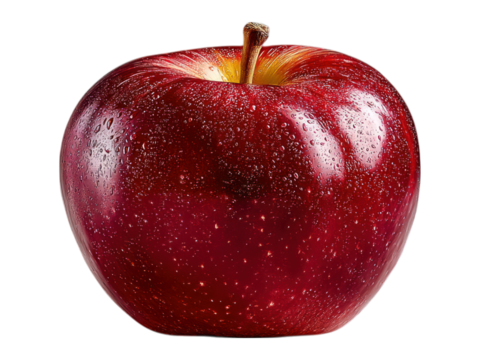 Wet, ripe red apple with brown stem on black backdrop