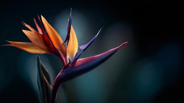 Close up of a vibrant orange and purple bird of paradise flower against a dark teal background. The image is sharply focused, highlighting the intricate details of the flower's petals and stem.