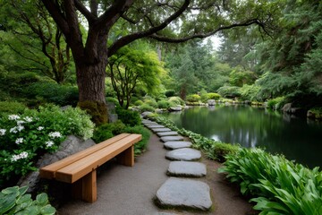 Fototapeta premium Wooden bench inviting to relax by the pond in a peaceful Japanese garden