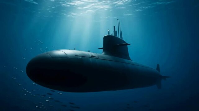A large military submarine glides underwater with visible sonar wires and a streamlined hull.