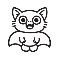 A black and white illustration of a small friendly bat with a wide smile. 