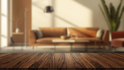 Tabletop scene with sharp wooden surface and blurred modern living room in the background. Ideal for lifestyle mockups.