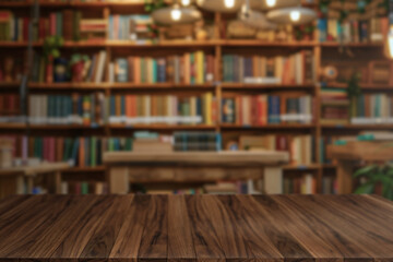 Scene with sharp wooden table and blurred bookstore background, ideal for mockups or editorial design.