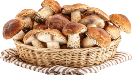 Wicker basket filled with brown & white mushrooms