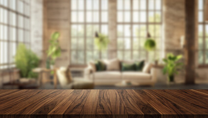 Tabletop scene with sharp wooden surface and blurred modern living room in the background. Ideal for lifestyle mockups.