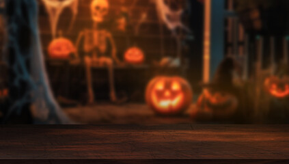 Dark wooden tabletop with blurred outdoor Halloween decoration background. Ideal for mockups and seasonal design.