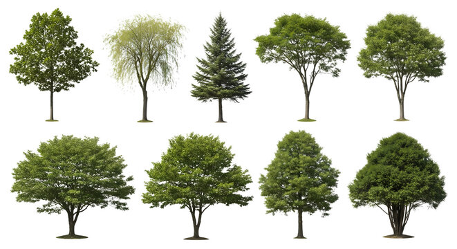 Collection of diverse green deciduous and coniferous trees isolated on transparent background for design