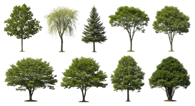 Collection of diverse green deciduous and coniferous trees isolated on transparent background for design