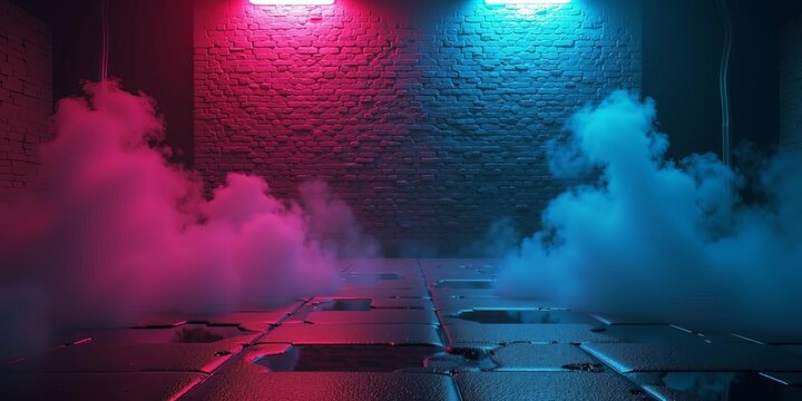 Futuristic urban atmosphere with neon lights, colorful smoke, wet street tiles, and grungy brick wall in mysterious night scene