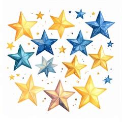 Obraz premium Watercolor Gold and Blue Stars on White Background