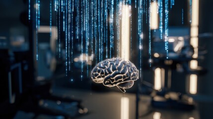 Futuristic digital brain model floating with glowing outline, cascading blue code streams, high-tech lab background, dark blue and black tones.
