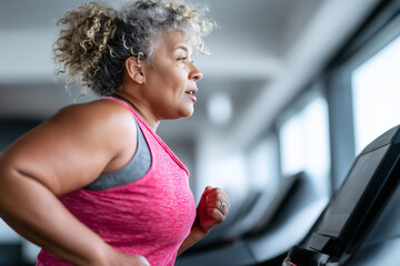 A woman in her 55 s plus-size  doing treadmill workout, natural gym scene,  realistic fitness atmosphere, natural lighting