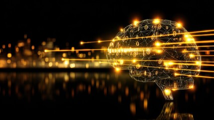 Fototapeta premium Digital-styled human brain with glowing lines, binary code, and radiant beams symbolizing artificial intelligence, set against a blurred night cityscape and reflective water.