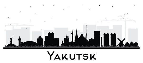 Obraz premium Yakutsk Russia city skyline silhouette with black buildings isolated on white. Yakutsk cityscape with landmarks. Business travel and tourism concept with modern and historic architecture.