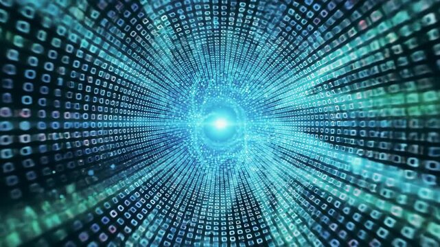Abstract digital tunnel of binary code, glowing blue, technology concept