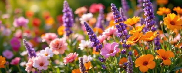 Obraz premium a bright floral garden with clusters of rose, lavender, and orange blossom glowing softly, symbolizing their essential oils used in perfumes.