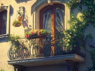 Modern Balcony with City View at Sunset Premium AI-Generated Image for Urban Living and Architecture Themes balcony with flowers and windows Cozy Balcony with Potted Plants and Lounge Chair Overlookin