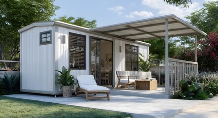 A small, modern, light-colored cabin with a covered patio area.