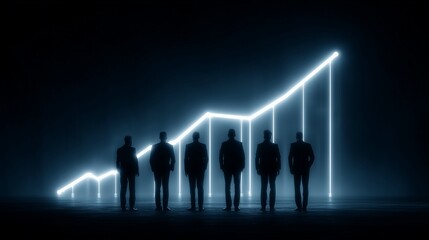 Business team standing together with a glowing graph, success growth and corporate strategy concept