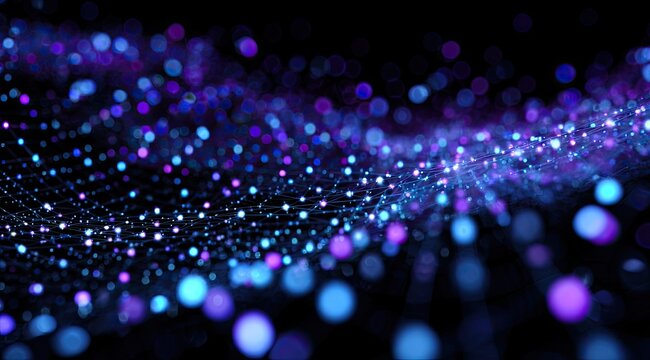 Abstract digital art depicting a wave of luminous blue and purple particles, interconnected by thin lines against a black background, creating a sense of depth and movement