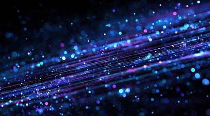 Abstract digital artwork of vibrant blue and purple streaks of light, resembling glittering particles and cosmic dust in a dark space