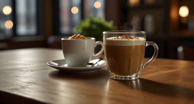 Two cups of pumpkin spice latte on a rustic wooden table, with steam rising, evoking warmth and gourmet presentation.