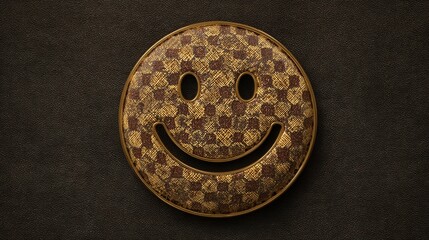 Checkered Smile Emblem: An old checkered smile emblem against a dark backdrop, exuding vintage charm. Evokes a sense of nostalgia and timeless happiness.
