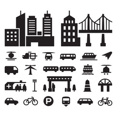 A bundle of simple city icon silhouettes with a white background.