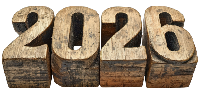 Wooden block numbers showing year "2026