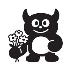 A cute minimalist black and white cartoon monster with big eyes and a wide open smile Silhouette vector Design.
