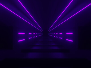 Fototapeta premium 3D purple neon tunnel. Black corridor with neon lights