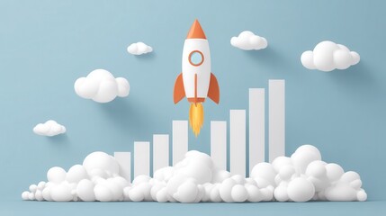 Ascending Ambition: A sleek rocket soars through the sky, accompanied by rising bar graphs and fluffy clouds, symbolizing ambitious growth.