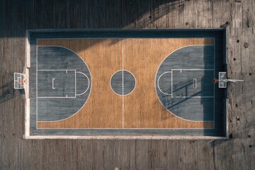An overhead shot reveals a worn outdoor basketball court, its wooden center court contrasting with the grey perimeter.  The court is surrounded by aged wooden planks