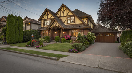 Elegant suburban home with lush lawn and blooming shrubs, radiating warmth and charm