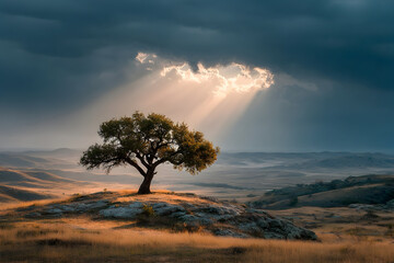 A single large tree standing on a grassy hilltop under a wide sky filled with dramatic clouds