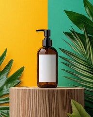 Pastel background showcases a flip cap amber hair bottle mockup on a wood pedestal with tropical leaf accents, perfect for beauty and personal care products.