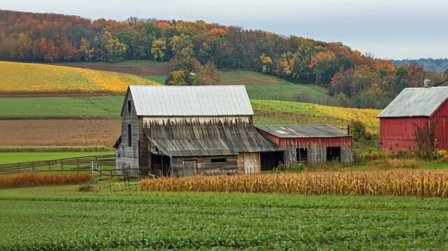 A serene autumn farm landscape with rustic barns and colorful foliage.