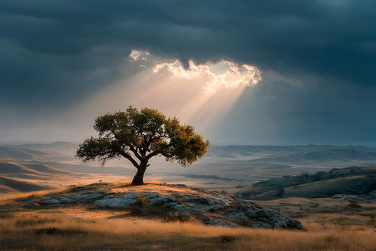 A single large tree standing on a grassy hilltop under a wide sky filled with dramatic clouds
