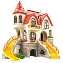 Fototapeta premium Fairytale house with yellow curved stairs and red roof charming home