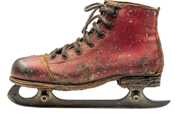 Worn, vintage red ice skate with black laces, isolated