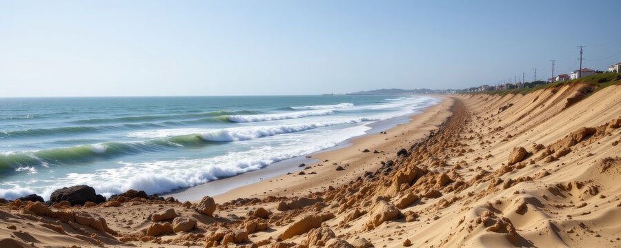 ship wakes from busy harbor speeding up coastal erosion nearby, constant waves hitting beach, sand being removed unnaturally fast.