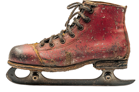 Worn, vintage red ice skate with black laces, isolated